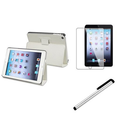 Insten iPad Mini 3/2/1 Case, by INSTEN White Clip On Leather Stand Case+Silver Stylus Pen+Protector for iPad Mini 1/2/3
