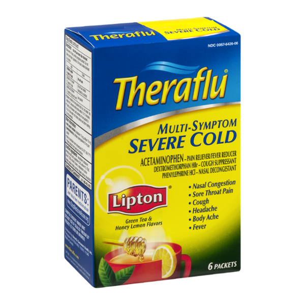 Theraflu Multi-Symptom Severe Cold Packets Lipton Green Tea & Honey Lemon Flavors - 6 CT