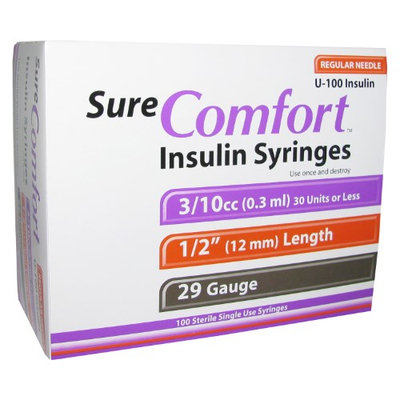 Allison Medical Sure Comfort Insulin Syringes 29 Gauge 3/10cc 1/2 in - 100 ea