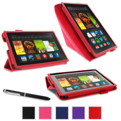 roocase Amazon Kindle Fire HDX 7 - Origami Stand Tablet 7-Inch 7 Cover with Landscape, Portrait, Typing Stand, Stylus - RED (With Auto Wake / Sleep Cover)