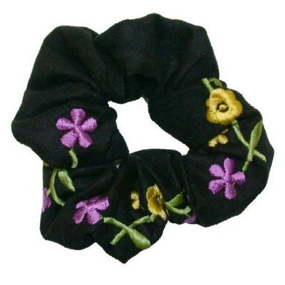 Smoothies Embroidered Flower Scrunchie-Black 00694