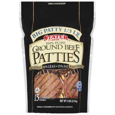 Stater Bros. 100% Pure 15 Ct Ground Beef Patties 5 Lb Stand Up Bag