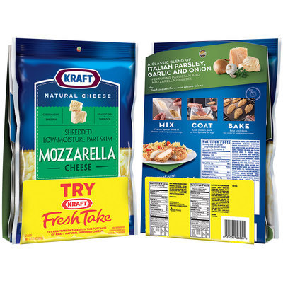 Kraft Natural Shredded Mozzarella Cheese 8 oz. Bag with Bonus Kraft Fresh Take Italian Parmesan Recipe Cheese Breadcrumb Mix 6 oz. Bag