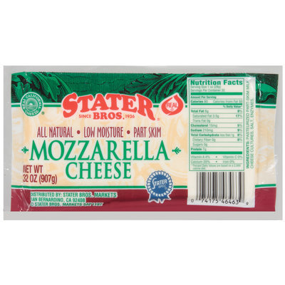 Stater Bros. All Natural Low Moisture Part Skim Mozzarella Cheese 32 Oz Wrapper