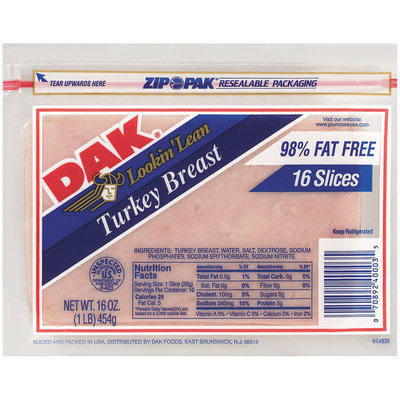Dak 98% Fat Free Sliced Turkey Breast 16 Oz Zip Pak