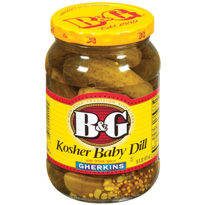 B&G Gherkins Kosher Baby Dill W/Whole Spices Pickles 16 Fl Oz Jar