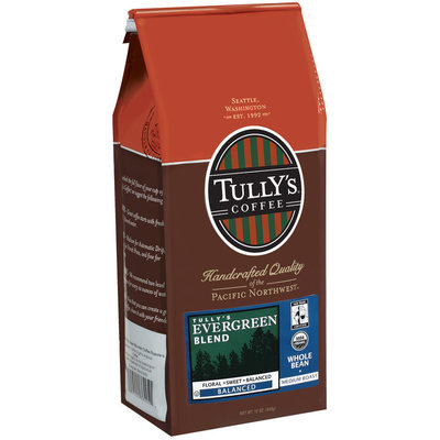 Tully's Coffee Balanced Whole Bean Medium Roast Evergreen Blend 12 Oz Stand Up Bag