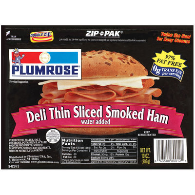 Plumrose 97% Fat Free Thin Sliced Ham Smoked 10 Oz Zip Pak