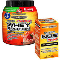 Body Fortress Super Advanced 2lb Strawberry Whey Protein Powder + 90ct Super Nos Pump Nitric Oxide Stimulator Bundle