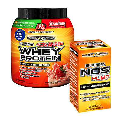 Body Fortress Super Advanced 2lb Strawberry Whey Protein Powder + 90ct Super Nos Pump Nitric Oxide Stimulator Bundle