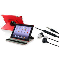 Insten INSTEN Red For Apple iPad 4 4G Gen 3 3rd 2 2nd 360 Rotating Leather Case+Headset