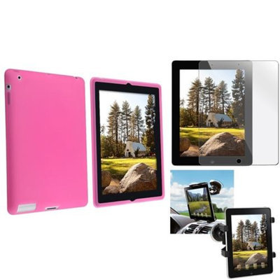 Insten INSTEN Black Car Mount Windshield Holder+Pink Silicone Skin Case+Cover for iPad 4 3 2