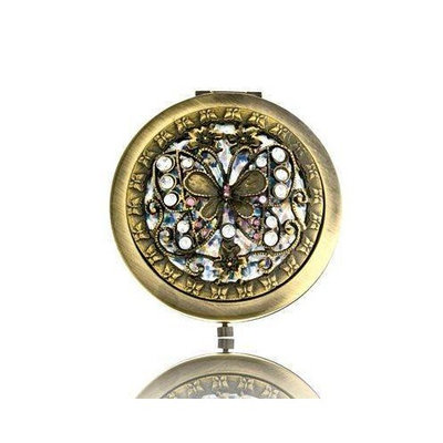 Welforth Antique Style Brass Butterfly Round Compact Mirror
