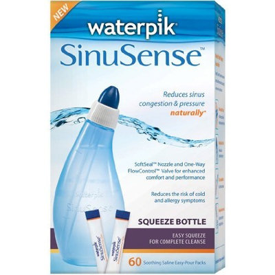 Waterpik SWS 360 Sinusense Squeeze Bottle Includes 60 Soothing Saline Packs With Aloe Vera and Eucalyptus, Blue