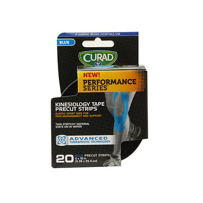 Curad Performance Series Kinesiology Tape Precut Strips, 2 x 10 Inch (5.08 x 25.4cm), Blue, 20 ea