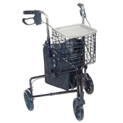 Drive Medical 3 Wheel Rollator Walker with Basket Tray and Pouch, Blue, 1 ea