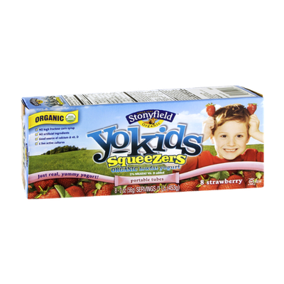 Stonyfield Organic YoKids Squeezers Portable Tubes Strawberry Lowfat Yogurt - 8 CT