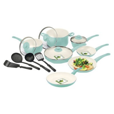 Green Pan GreenLife 15 Piece Ceramic Cookware Set - Turquoise