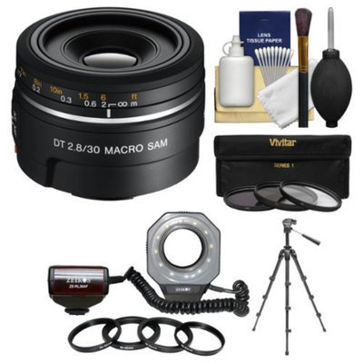 Sony Alpha A-Mount 30mm f/2.8 DT Macro SAM Lens with Macro Ringlight + Tripod + 3 Filters + Kit for SLT-A37, A57, A58, A65, A77, A99 DSLR Cameras
