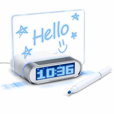 ENHANCE Glowing LED Memo Board Alarm Clock Hub with 4 Universal USB Ports for Smartphones, Tablets, MP3 Players, Laptops and More - Markers Included