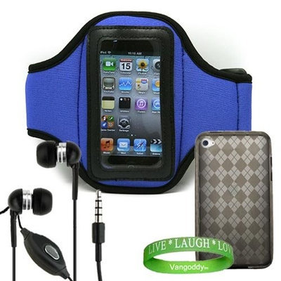 Apple iPod Touch 4th Generation Accessories Kit: Dark Blue Exercise Neoprene Armband + Smoke Crystal TPU Argyle Skin + No- hands iPod Touch 4th Generation Earphones with microphone + VG Live * Laugh * Love Wrist Band!!!
