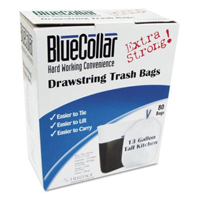 BlueCollar Drawstring Trash Bags, 13 gal, .80 mil, 24 x 28, White, 80/Box
