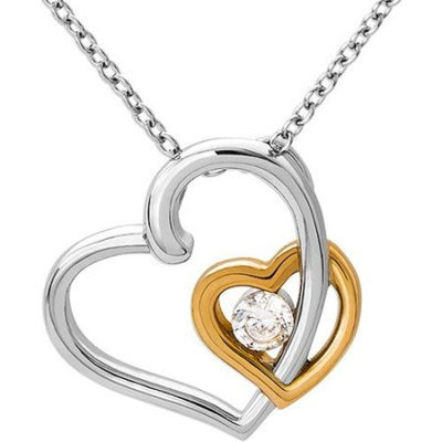 Connections from Hallmark Clear CZ Two-Tone Stainless Steel Double-Heart Pendant