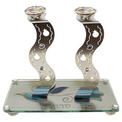 Artsy Casa Ultimate Judaica Candle Stick w/ Tray Applique - Ocean Blue- Tray 9 3/4W X 5 L Candle Sticks 7H