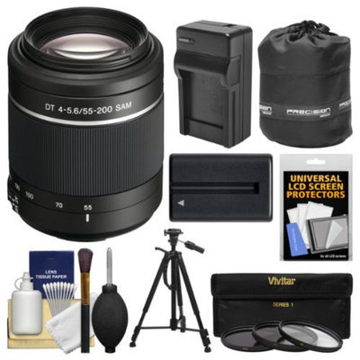 Sony Alpha A-Mount 55-200mm f/4-5.6 DT SAM Zoom Lens with NP-FM500H Battery & Charger + Tripod + 3 Filters + Pouch + Kit for SLT-A37, A57, A58, A65, A77 II, A99 DSLR Cameras