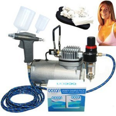 Professional Turbo Tan Airbrush Sunless Tanning System with a Trigger Style Gravity Feed Airbrush Gun plus a 4 Solution Variety Pack (1 Pint Total), and an Accessories Kit