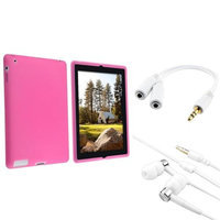 Insten INSTEN Hot Pink Skin Case Soft Cover+2 x Headset+Splitter for iPad 4 3 2 Retina Display