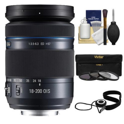 Samsung 18-200mm f/3.5-6.3 NX Movie Pro ED OIS Zoom Lens (Black) with 3 UV/ND8/CPL Filters + Accessory Kit for Galaxy NX, NX30, NX210, NX300, NX2000, NX3000 Cameras
