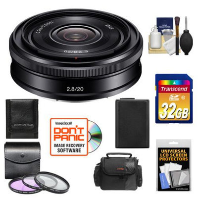 Sony Alpha E-Mount 20mm f/2.8 Wide-Angle Pancake Lens with 32GB Card + Battery + Case + 3 (UV/FLD/CPL) Filters + Accessory Kit for NEX-F3, NEX-3N, NEX-5N, NEX-5R, NEX-6, NEX-7 Digital Camera