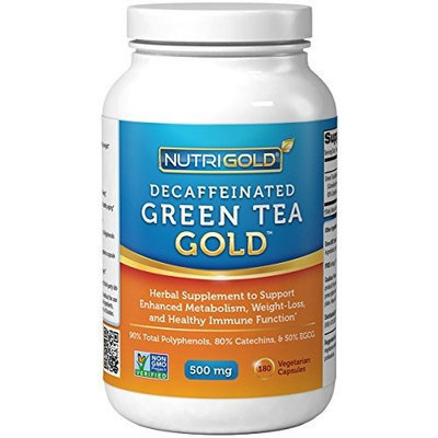Nutrigold #1 Green Tea Extract - Green Tea GOLD, 500 mg, 180 Vegetarian Capsules - Decaffeinated Green Tea Fat Burner Supplement for Weight-loss (98% Polyphenols, 50% EGCG)