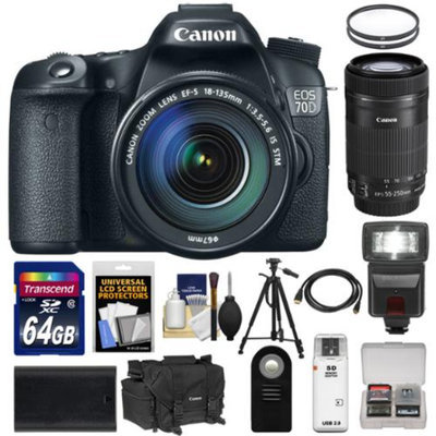 Canon EOS 70D Digital SLR Camera & 18-135mm IS & 55-250mm IS STM Lens with 64GB Card + Battery + Case + Tripod + Flash + Accessory Kit