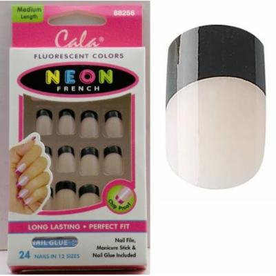 Cala French Neon Medium Length Chip Proof Fake Nails 24 pcs Nail File, Manicure Stick and Nail Glue Included Neon Black 88256