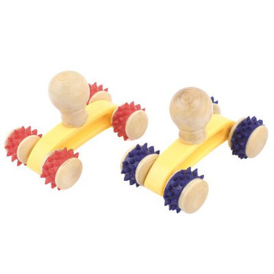 2 Pcs Wooden 4 Rolling Wheels Design Body Roller Massager Tool Red Blue