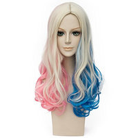 Movie Pink Blue with Blonde Wavy Curly Cosplay Wigs for Suicide Squad Harley Quinn Wig
