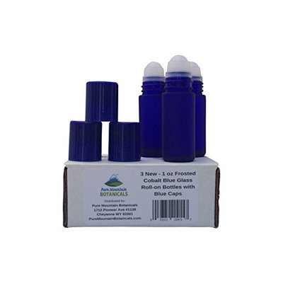 Pure Mountain Botanicals 3 Roll On Glass Bottles in Frosted Cobalt Blue Color with Blue Caps