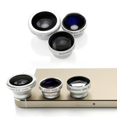 3 in 1 Universal Phone kit Fisheye Fish Eye Lens, Wide Angle Telephot 2xZoom and Micro Lens Smartphone Camera Lens - Silver