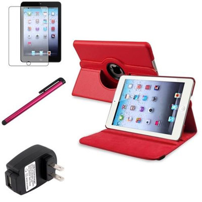 Insten iPad Mini 3/2/1 Case, by INSTEN Red 360 Leather Case Cover+Matte Protector/Stylus/for iPad Mini 3 2 1