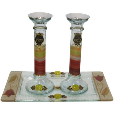 Artsy Casa 5th Ave Candle Stick w/ Tray Large Applique -Colorful - Tray 10 W X 5 L - Candlesticks - 7.5 H