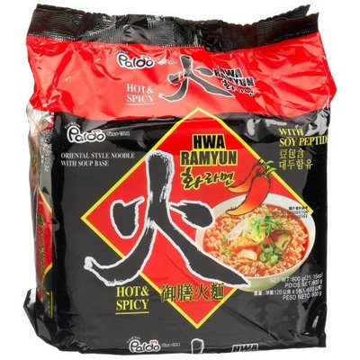 Paldo Hwa Ramyun - with Soy Peptide, Hot & Spicy Noodles, 120 g Pouches, 5 count, (Pack of 4)