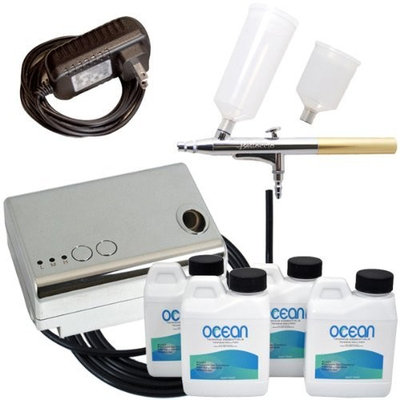 Complete Professional Belloccio Sunless Tanning Airbrush System with Ocean DHA Solution Sunless Tanning Variety Sampler Pack (4 Different Solutions - 1 Pint Total)