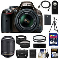 Nikon D5200 Digital SLR Camera & 18-55mm G VR DX AF-S Zoom Lens (Bronze) with 55-200mm VR Lens + 64GB Card + Battery + Case + Tripod + Tele/Wide Lenses + Remote + Accessory Kit