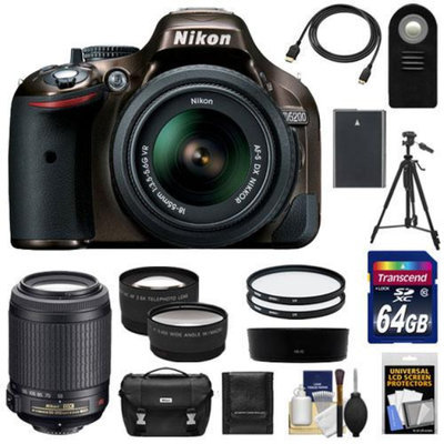 Nikon D5200 Digital SLR Camera & 18-55mm G VR DX AF-S Zoom Lens (Bronze) with 55-200mm VR Lens + 64GB Card + Battery + Case + Tripod + Tele/Wide Lenses + Remote + Accessory Kit