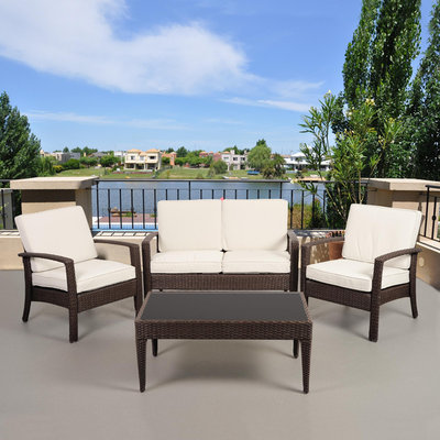Atantic Atlantic Santorini Deluxe 4 Piece Brown Synthetic Wicker Patio Seating Set With Off-White Cushions