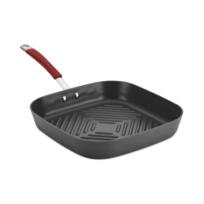 Rachael Ray 87632 Cucina Hard-Anodized Nonstick 11 in. Deep Square Grill Pan Gray With Cranberry Red Handle