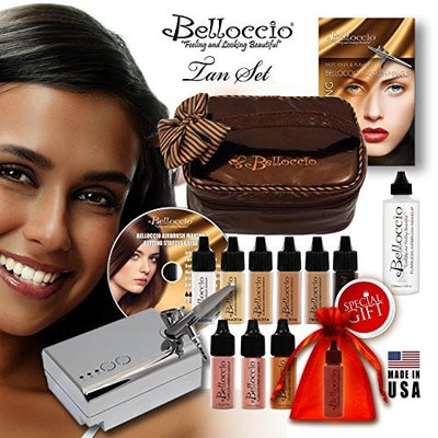 Belloccio's® TAN Complexion Professional Airbrush Cosmetic Makeup System. Belloccio® Is the Superior Brand of Airbrush Makeup. It's Made in the USA From All FDA Approved Ingredients and Is Paraben & Oil Free. 1 Year Warrantee on All Equipment & FREE Bonus Items. Love Our Makeup or Return It for a Full Refund.