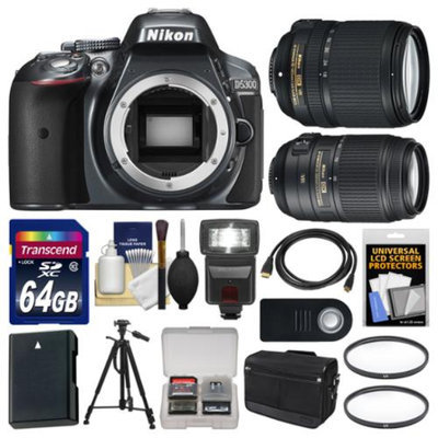 Nikon D5300 Digital SLR Camera Body (Grey) with 18-140mm VR Zoom Lens + 55-300mm VR Zoom Lens + 64GB Card + Case + Flash Kit